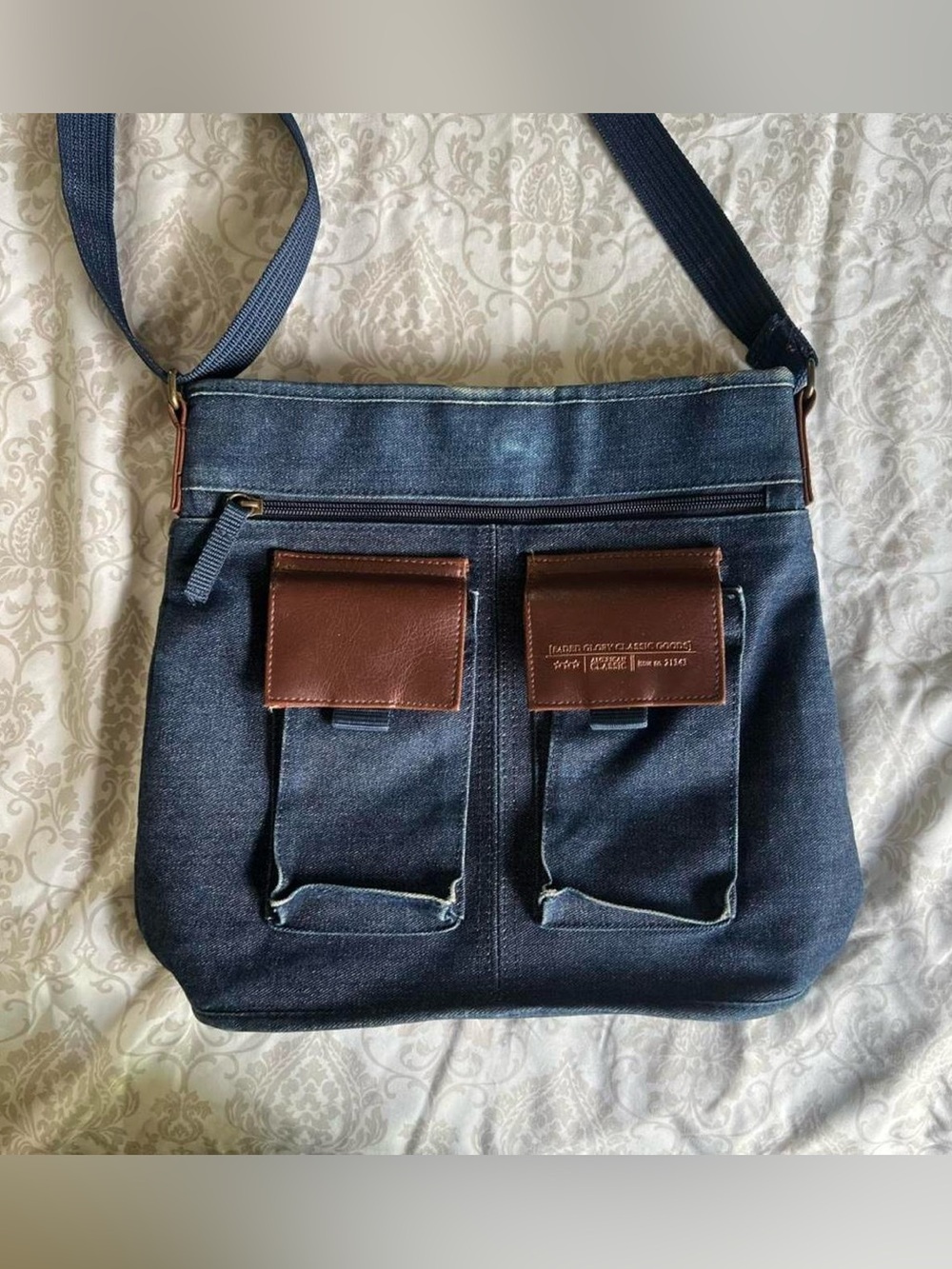 vintage Faded Glory Navy Denim Crossbody with Brown Pocket Flaps